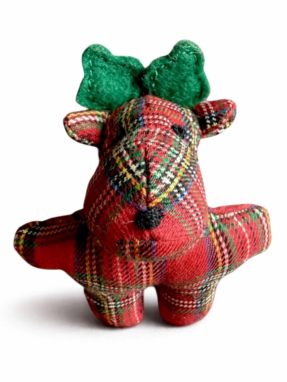 Reindeer Lapel Pin Stuffed Red & Green Tartan Plaid Christmas Holiday Vtg Brooch